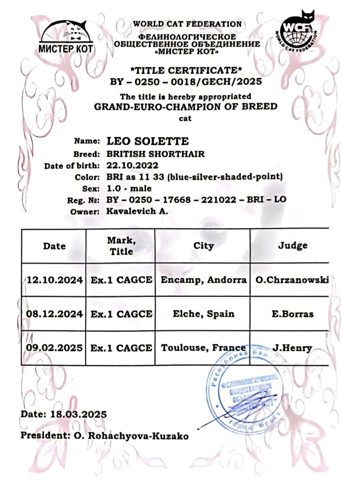 Leo Solette — Grand-Euro-Champion of Breed certificate
