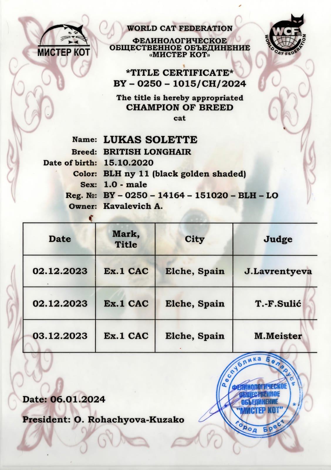 Lukas Solette — Champion of Breed certificate
